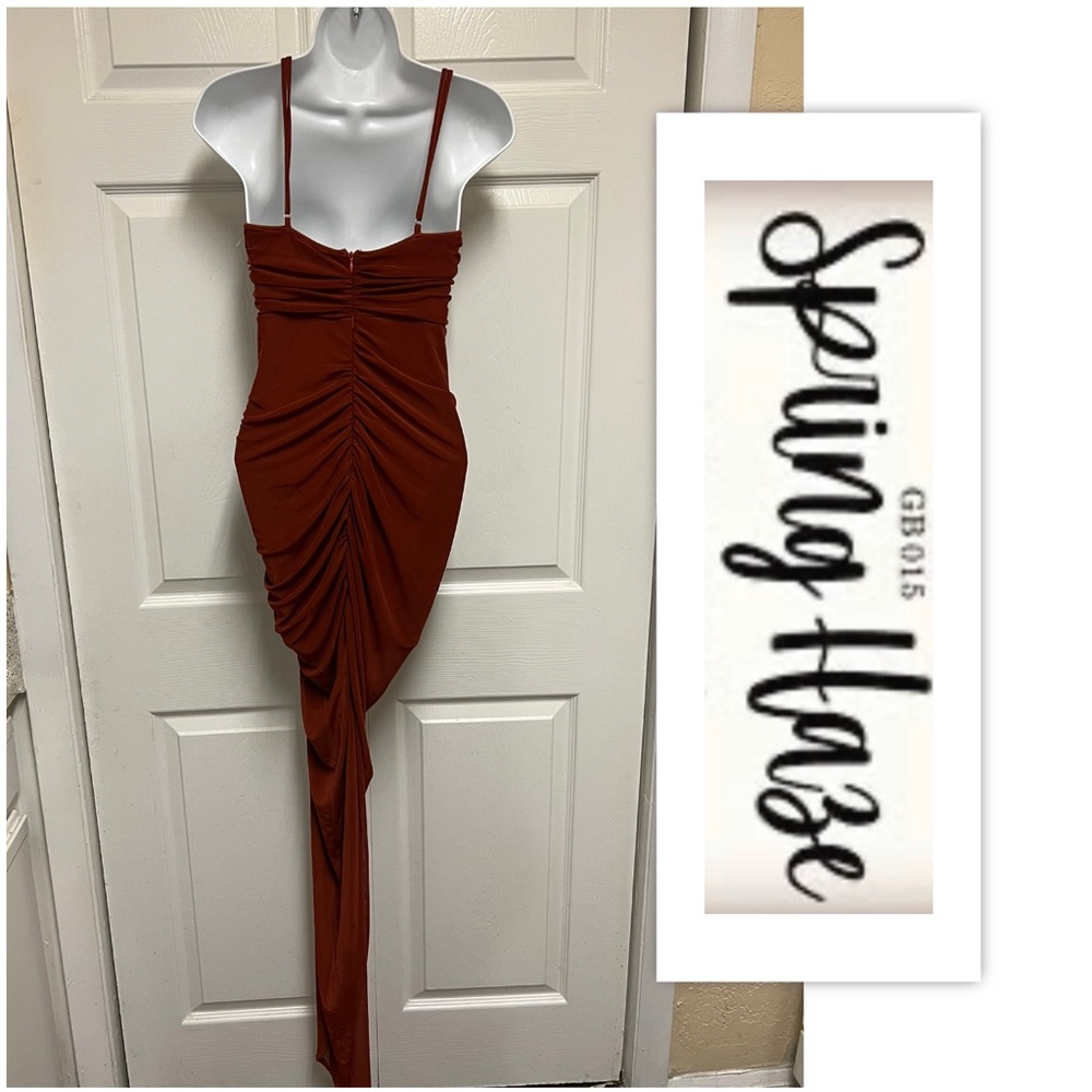 Spring Haze Rust Sheer Ruched Asymmetrical Maxi Dress - Picture 3 of 12